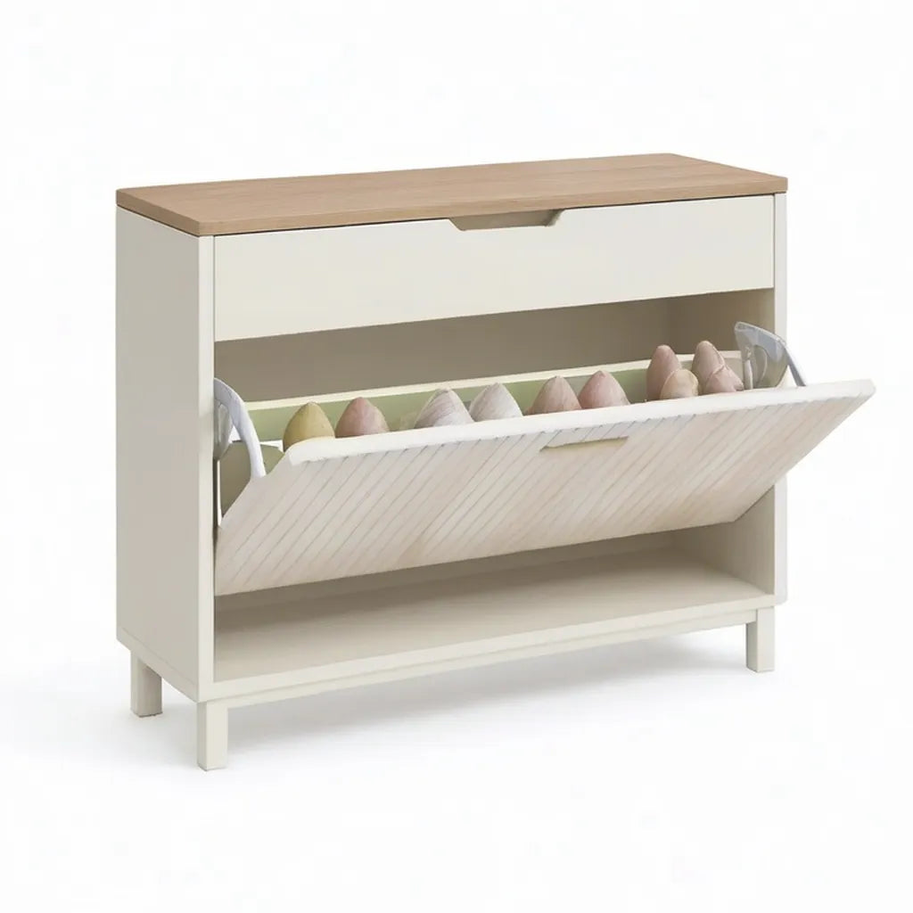 Szafka na buty z cięciem i szufladą 80 x 30 x 90 cm w białym prostokątnym i lekkim dębowym desce wiórowej