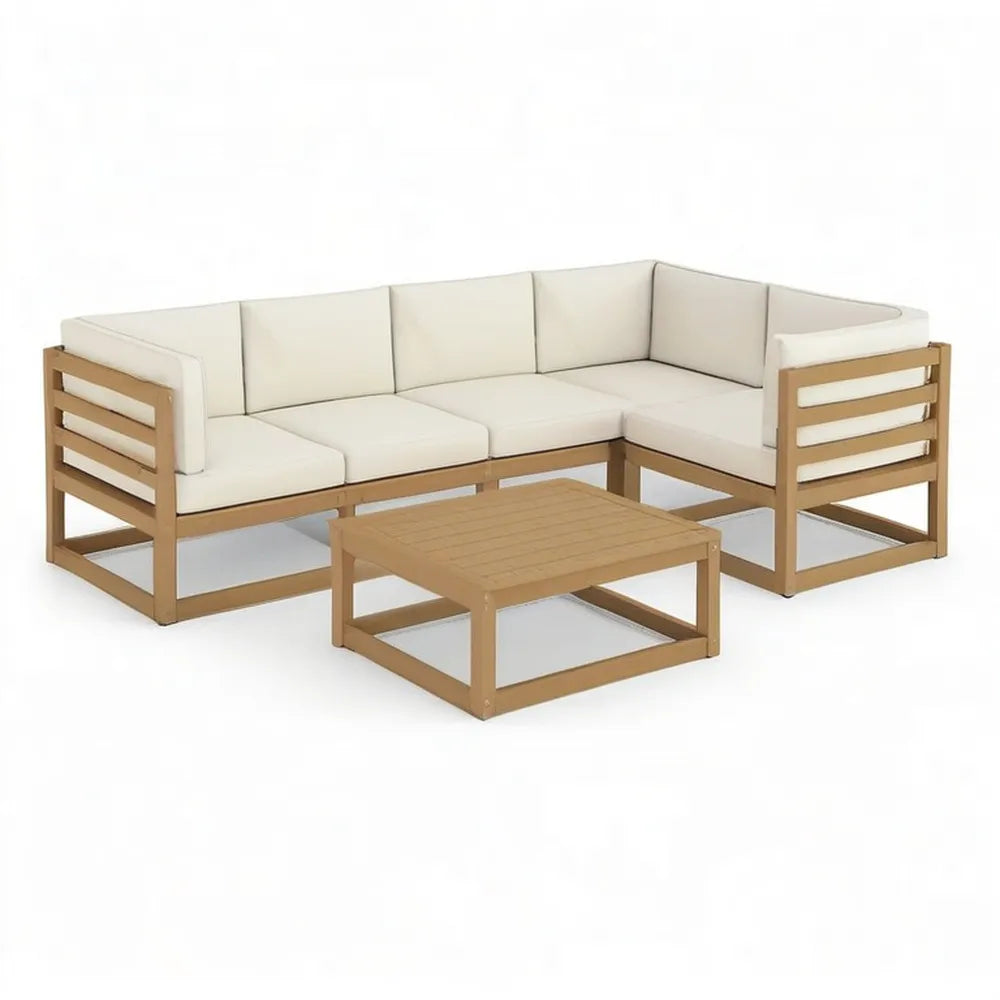 Sofa ogrodowa, Zestaw do barierki ogrodowej 5- część z narożną sofą i stolikiem do kawy 280 x 210 x 65 cm beżowy / jasnobrązowy z tapicerką
