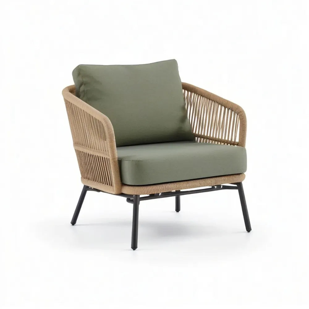 Sofa ogrodowa, Fotel ogrodowy 80 x 80 x 75 cm zielony / beżowy / czarny z warkoczem rattanowym PE i poduszką siedzenia