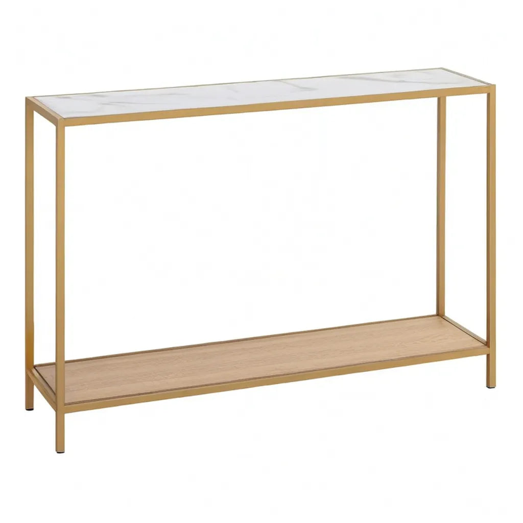Konsola, Prostokątna konsola wejściowa 120 x 30 x 80 cm ze stali złotej z białym marmurem i lekkim dębem