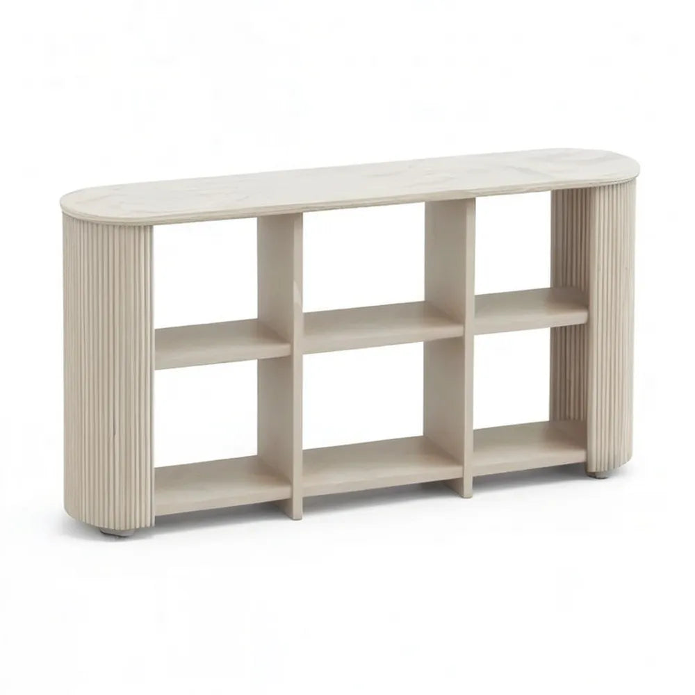 Konsola 160 x 40 x 80 cm beż z otwartymi półkami i białą marmurową tacą efektową