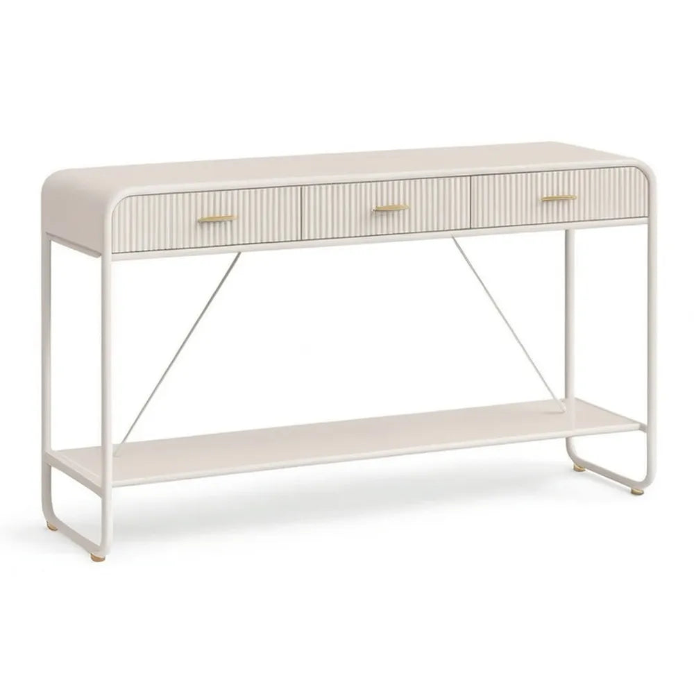 Konsola wejściowa 140 cm w kolorze białym MDF z 3 szufladami, półką i metalową konstrukcją, wykończenie