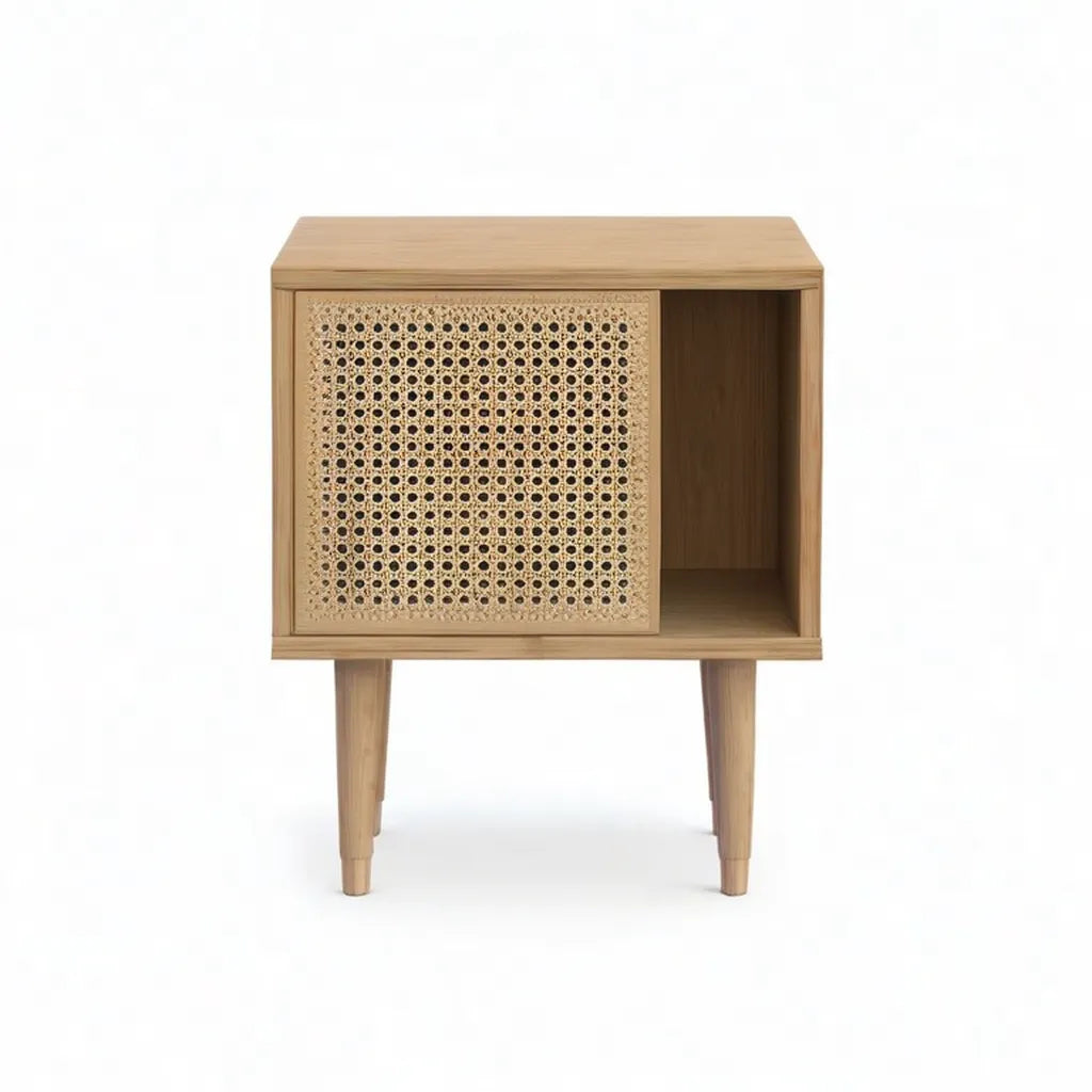 Szafka nocna, Stół z drzwiami rattanu i otwartym MDF komora efekt dębu 40 x 35 x 65 cm naturalne