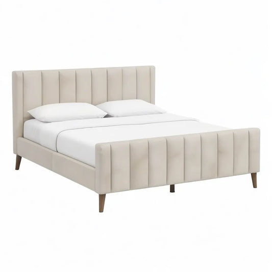 Łóżko podwójne Tapicerowane 160 x 200 cm w beżowym poliestrze z deską i footboardem