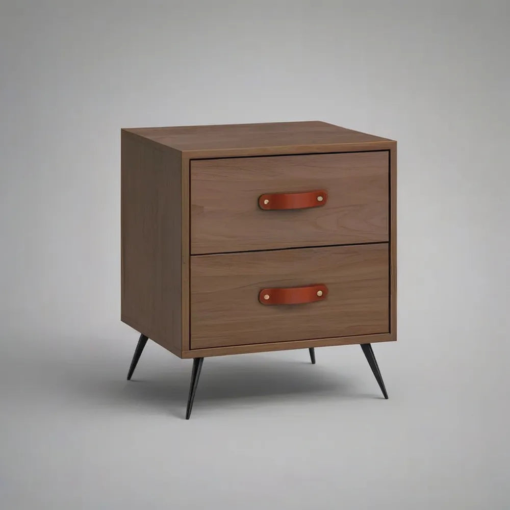 Szafka nocna, Brązowa laminowana deska z drewna o efekcie drewnianym 60 x 40 x 55 cm z 2 szufladami i nogami w czarny metalu