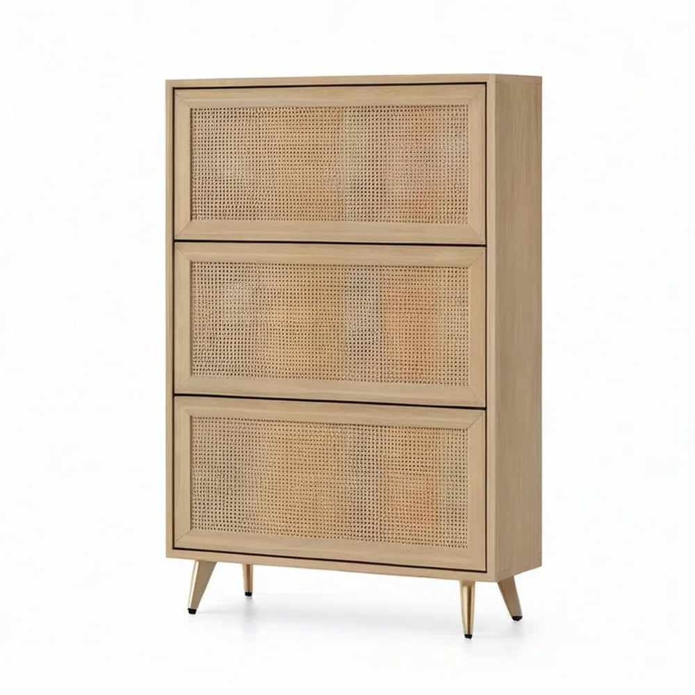 Szafka na buty, Lekka beżowa szafka na buty z 3 składanymi drzwiami z efektem drewna MDF i złotymi nóżkami 80 x 35 x 120 cm