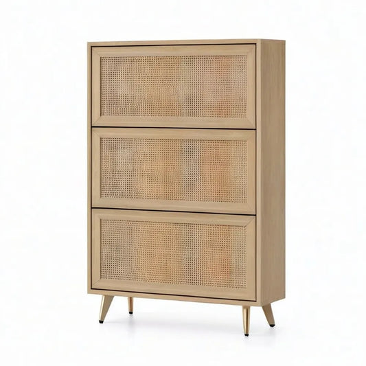 Szafka na buty, Lekka beżowa szafka na buty z 3 składanymi drzwiami z efektem drewna MDF i złotymi nóżkami 80 x 35 x 120 cm
