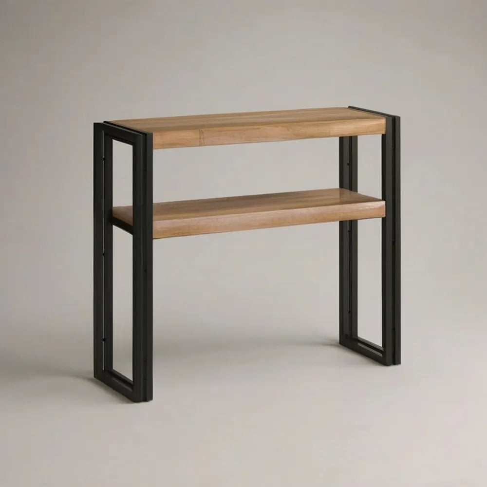 Konsola wlotowa 120 x 40 x 80 cm w naturalnym drewnie z konstrukcją czarny metalową i 2 półkami