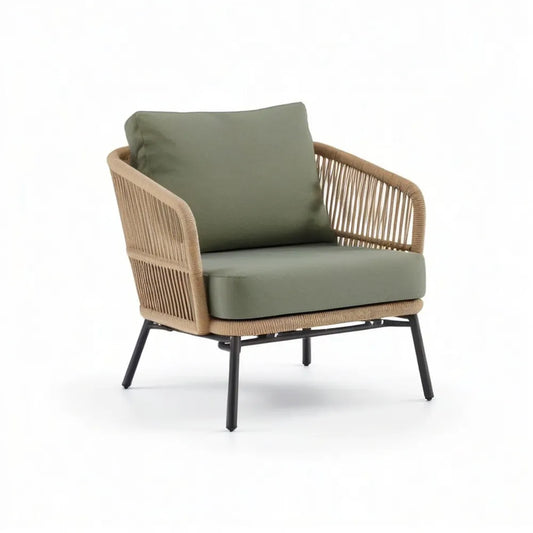 Sofa ogrodowa, Fotel ogrodowy 80 x 80 x 75 cm zielony / beżowy / czarny z warkoczem rattanowym PE i poduszką siedzenia