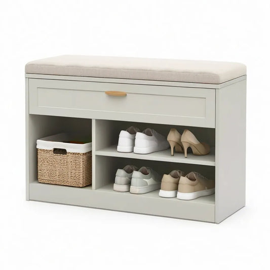 Szafka na buty z ławką 100 x 35 x 50 cm w prostokątnym białym MDF z wyściełanym siedzeniem