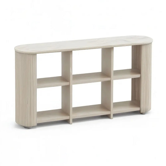 Konsola 160 x 40 x 80 cm beż z otwartymi półkami i białą marmurową tacą efektową