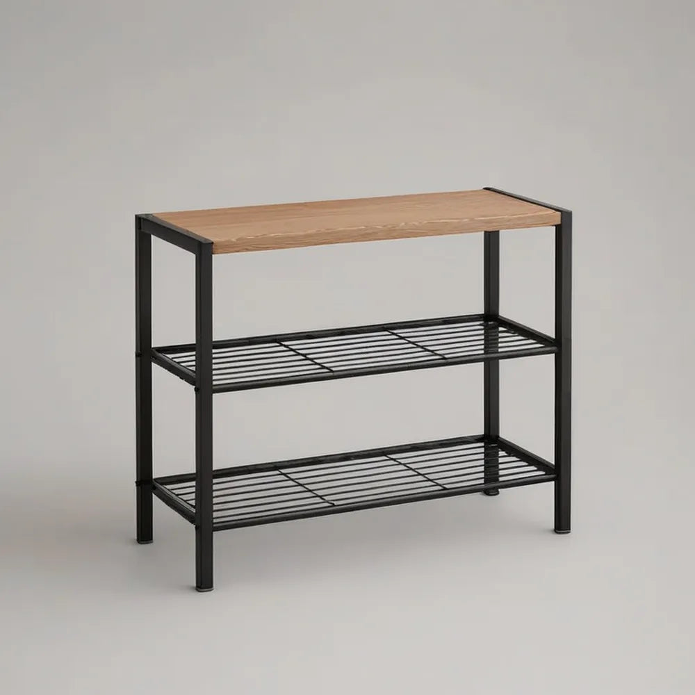 Szafka na buty, Odpływ wlotowy 100 x 35 x 85 cm w czarnej stali malowanej z 3 półkami i dębowym efektem górnym