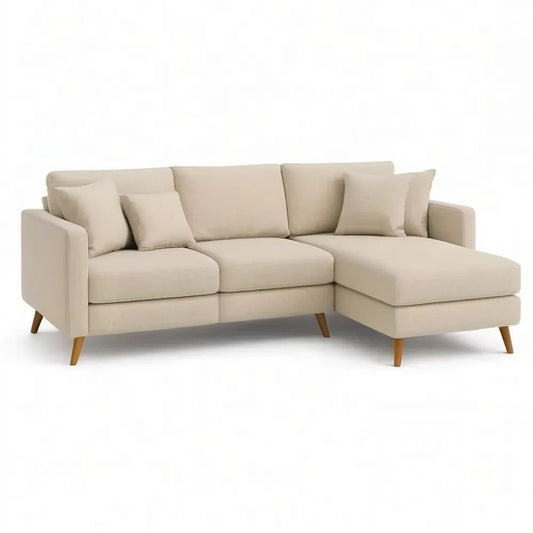 Sofa, Kanapa narożna 250 x 160 x 85 cm beż z ottomanem, tapicerką poliestrową i drewnianymi nóżkami
