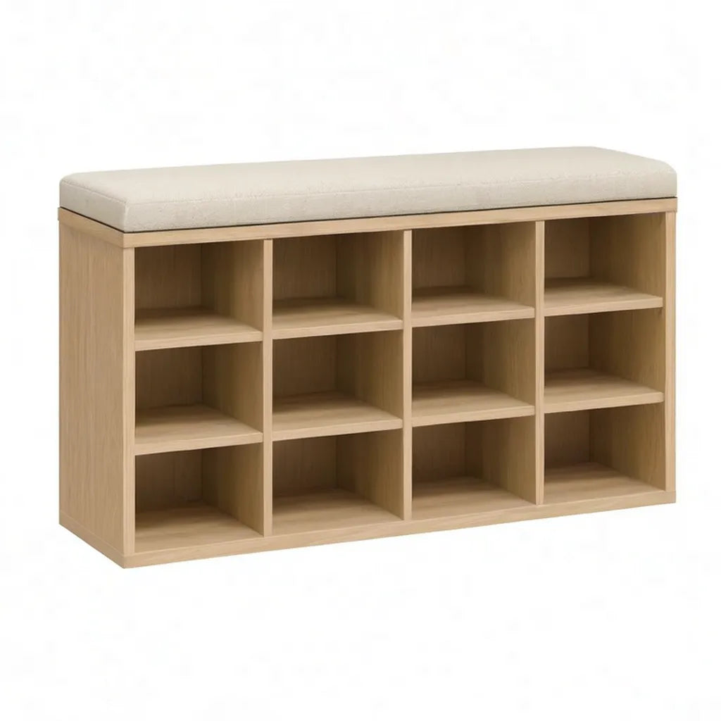 Szafka na buty, Scarpiera z ławką 100 x 30 x 50 cm w naturalnym bambusie z beżową poduszką i 12 przegródkami