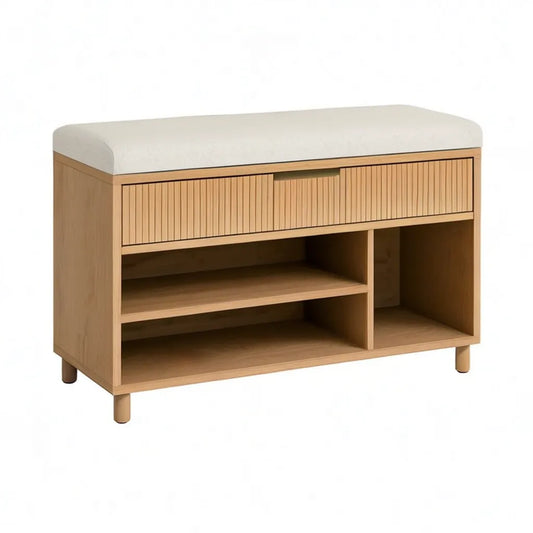 Szafka na buty, Scarpiera z wyściełaną ławką w naturalnym bambusowym drewnie i śmietance 100 x 40 x 55 cm